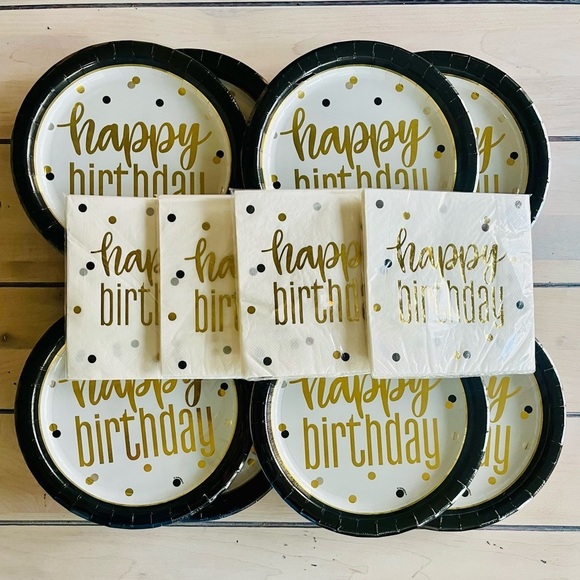 Gold Metallic Happy Birthday Paper Plate and Napkins Bundle - Picture 1 of 5